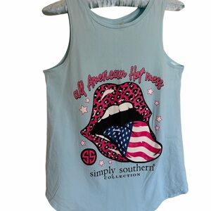 Simply Southern Small Light Blue Tank with Pink Leopard Lips & American Flag